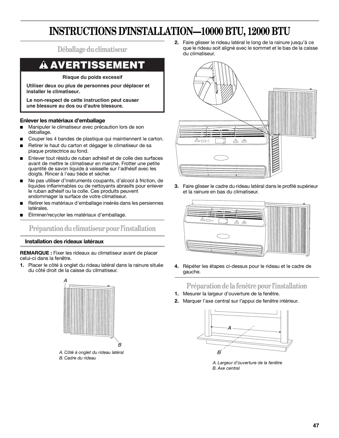 Whirlpool 66161279 manual Instructions D’INSTALLATION-10000 BTU, 12000 BTU 