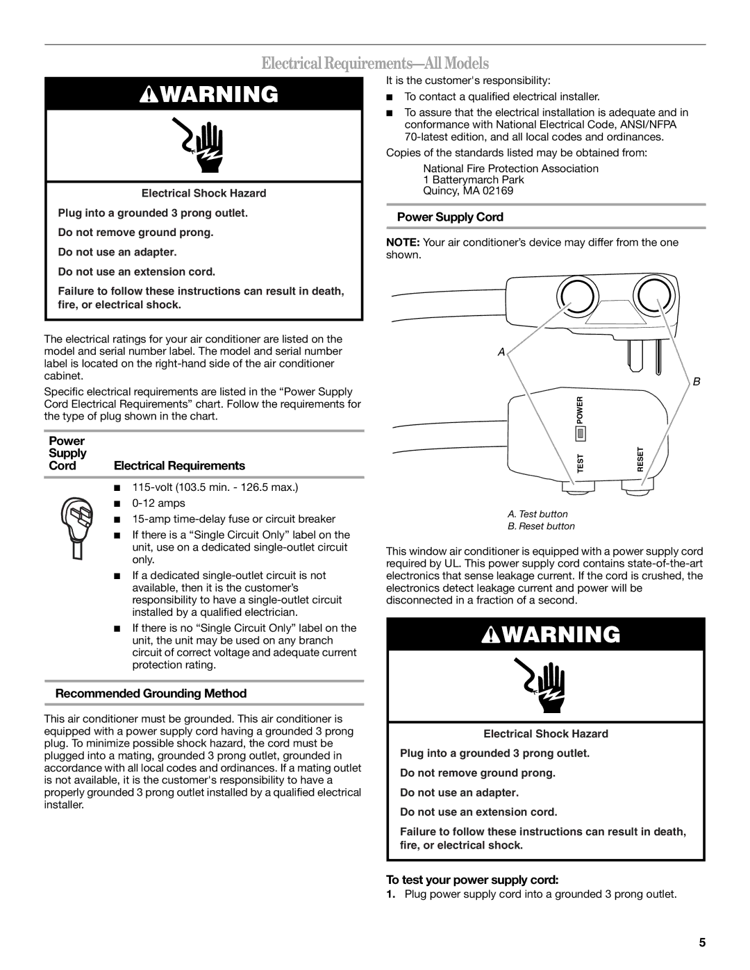 Whirlpool 66161279 manual Electrical Requirements-All Models, Power Supply Cord Electrical Requirements 