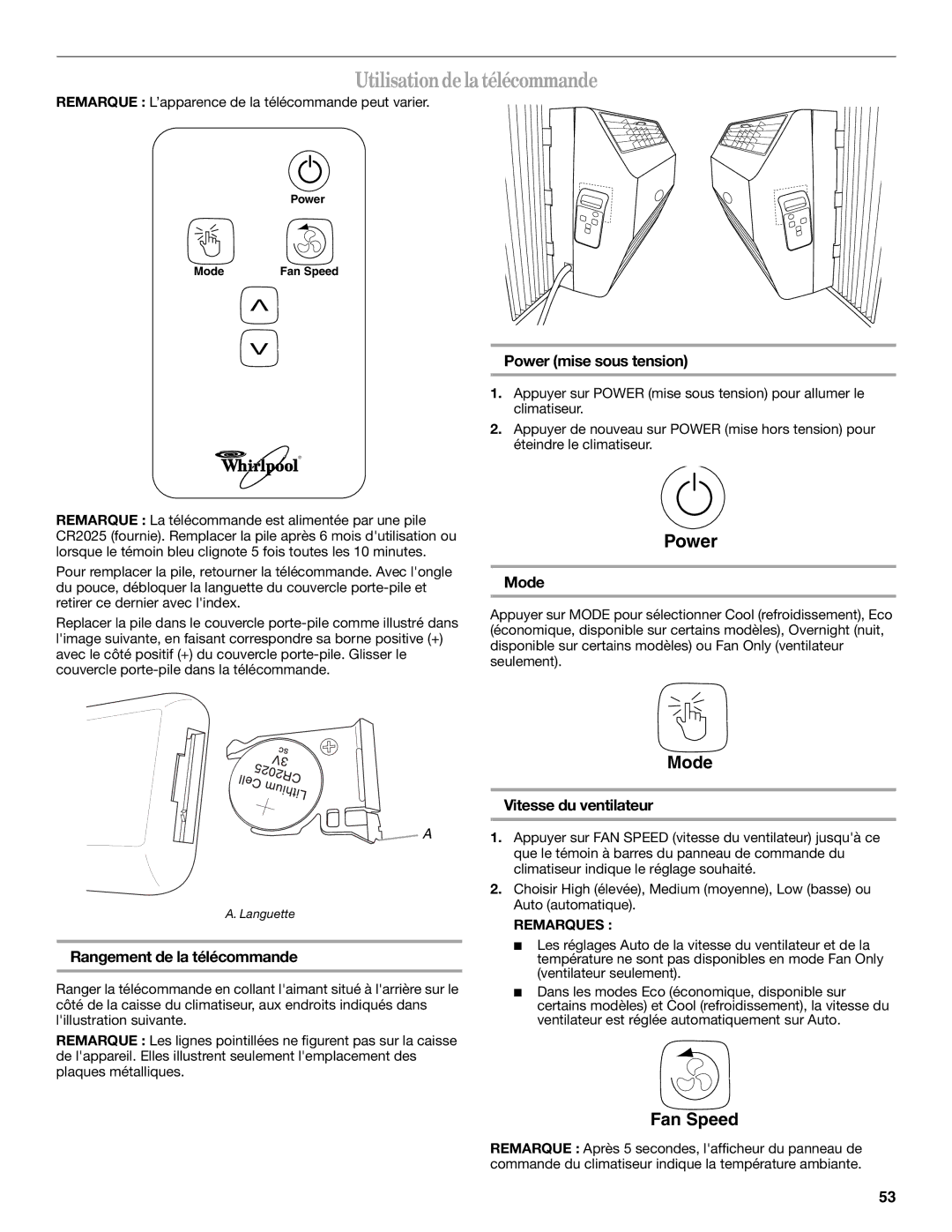 Whirlpool 66161279 manual Utilisationde la télécommande, Power mise sous tension, Rangement de la télécommande 