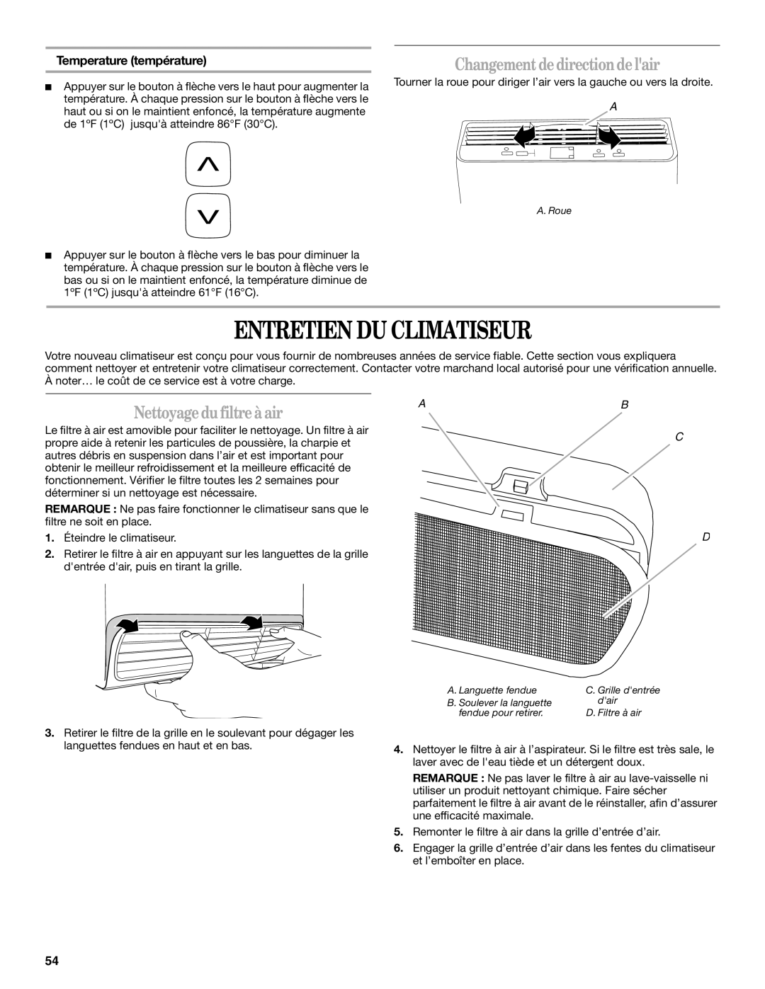 Whirlpool 66161279 manual Entretien DU Climatiseur, Changement de directionde lair, Nettoyage du filtre à air 