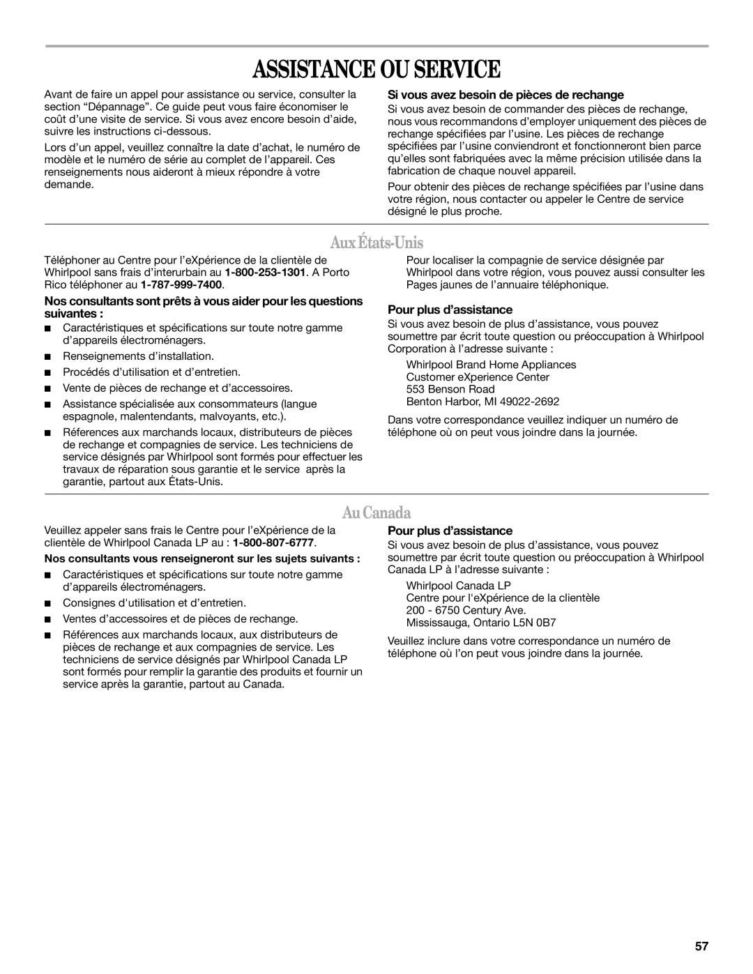 Whirlpool 66161279 Assistance OU Service, AuCanada, Si vous avez besoin de pièces de rechange, Pour plus d’assistance 