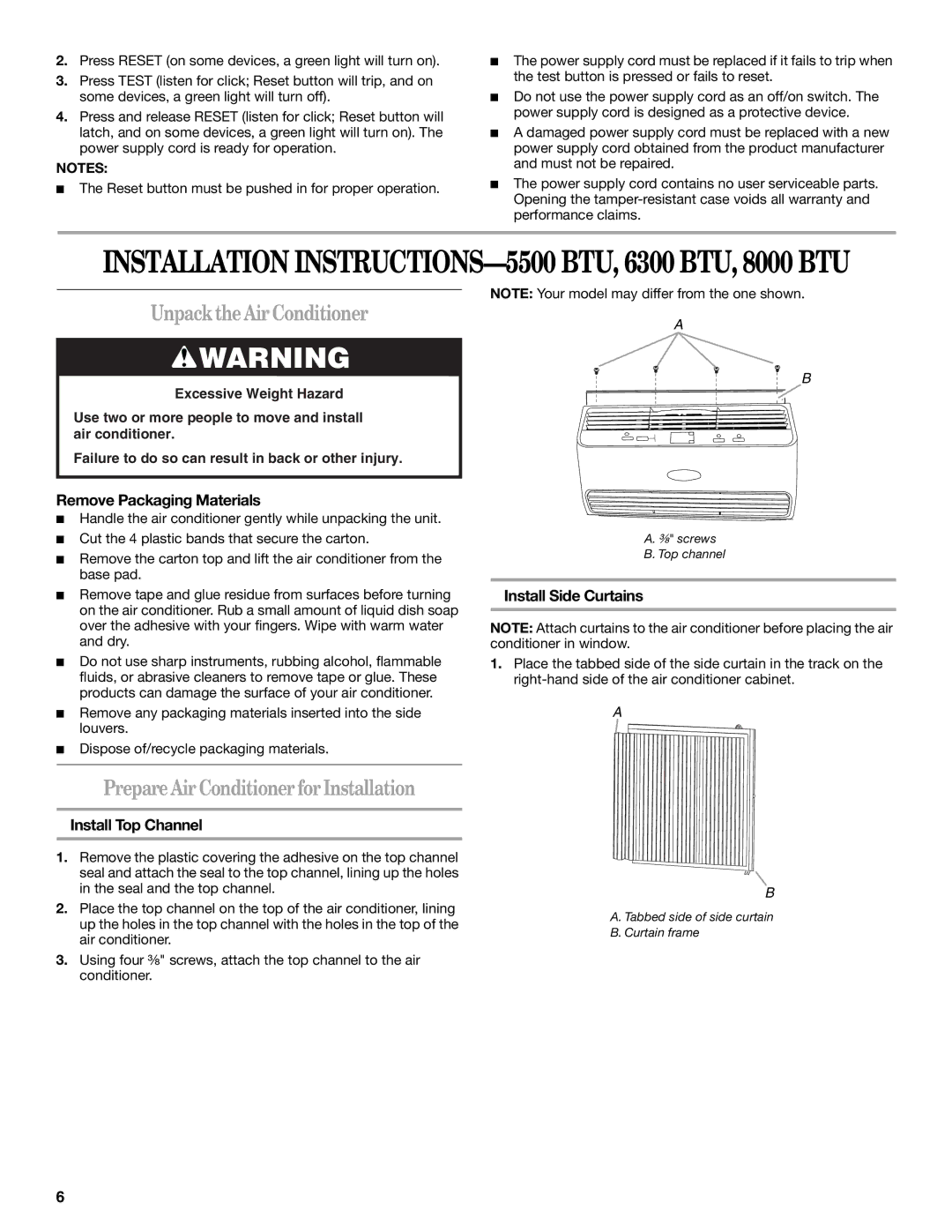 Whirlpool 66161279 manual Unpack the Air Conditioner, Prepare Air Conditioner for Installation, Remove Packaging Materials 