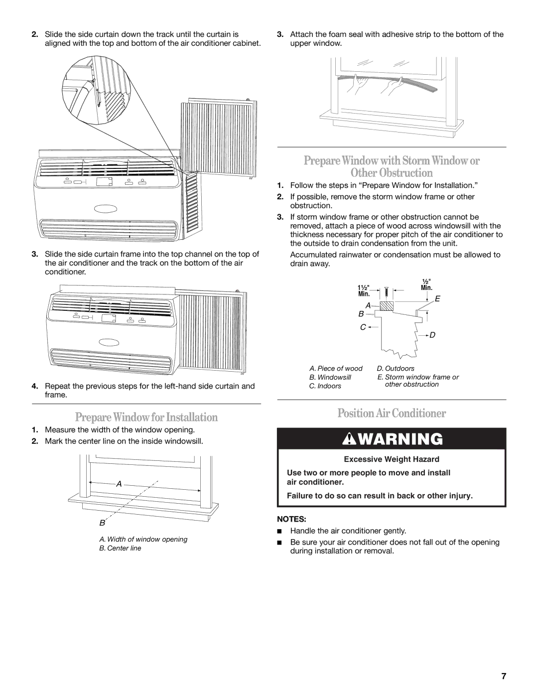 Whirlpool 66161279 manual Prepare Window for Installation, Prepare Window withStorm Window or Other Obstruction 