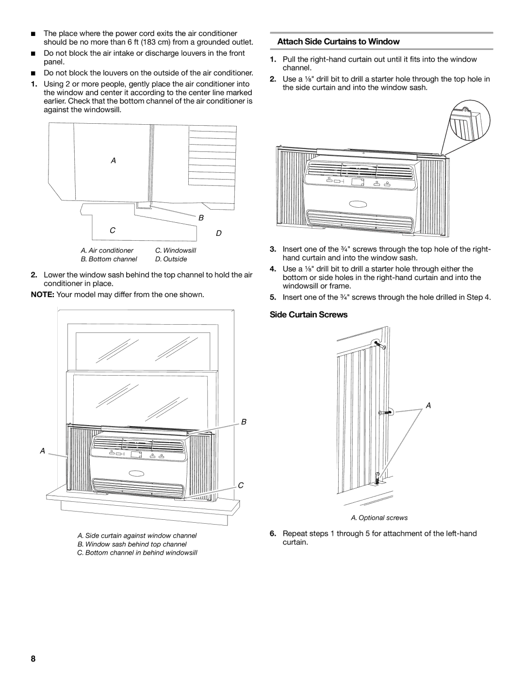 Whirlpool 66161279 manual Attach Side Curtains to Window, Side Curtain Screws 