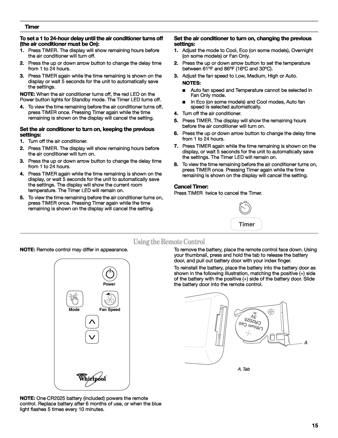 Whirlpool 66161279 manual Using the Remote Control, Cancel Timer 