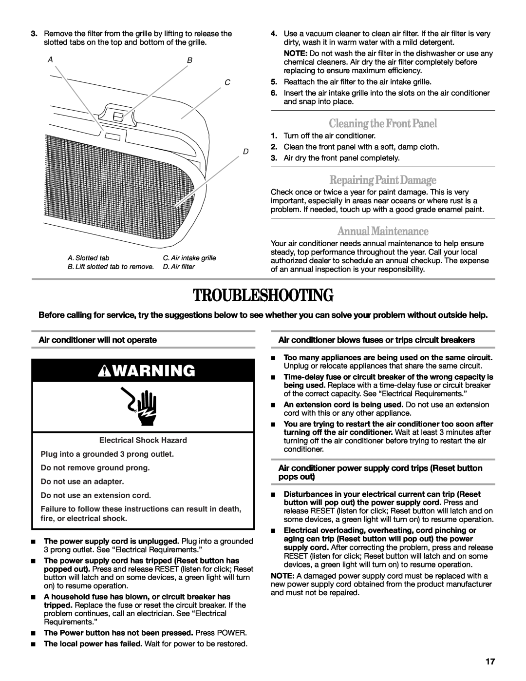 Whirlpool 66161279 manual Troubleshooting, Cleaning the Front Panel, Repairing Paint Damage, Annual Maintenance 