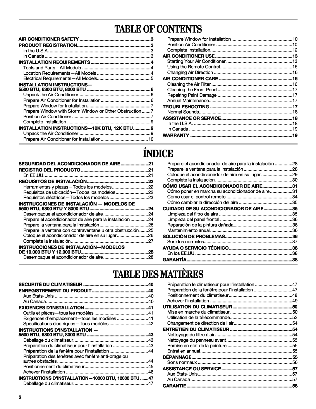 Whirlpool 66161279 manual Table Of Contents, Índice, Table Des Matières 