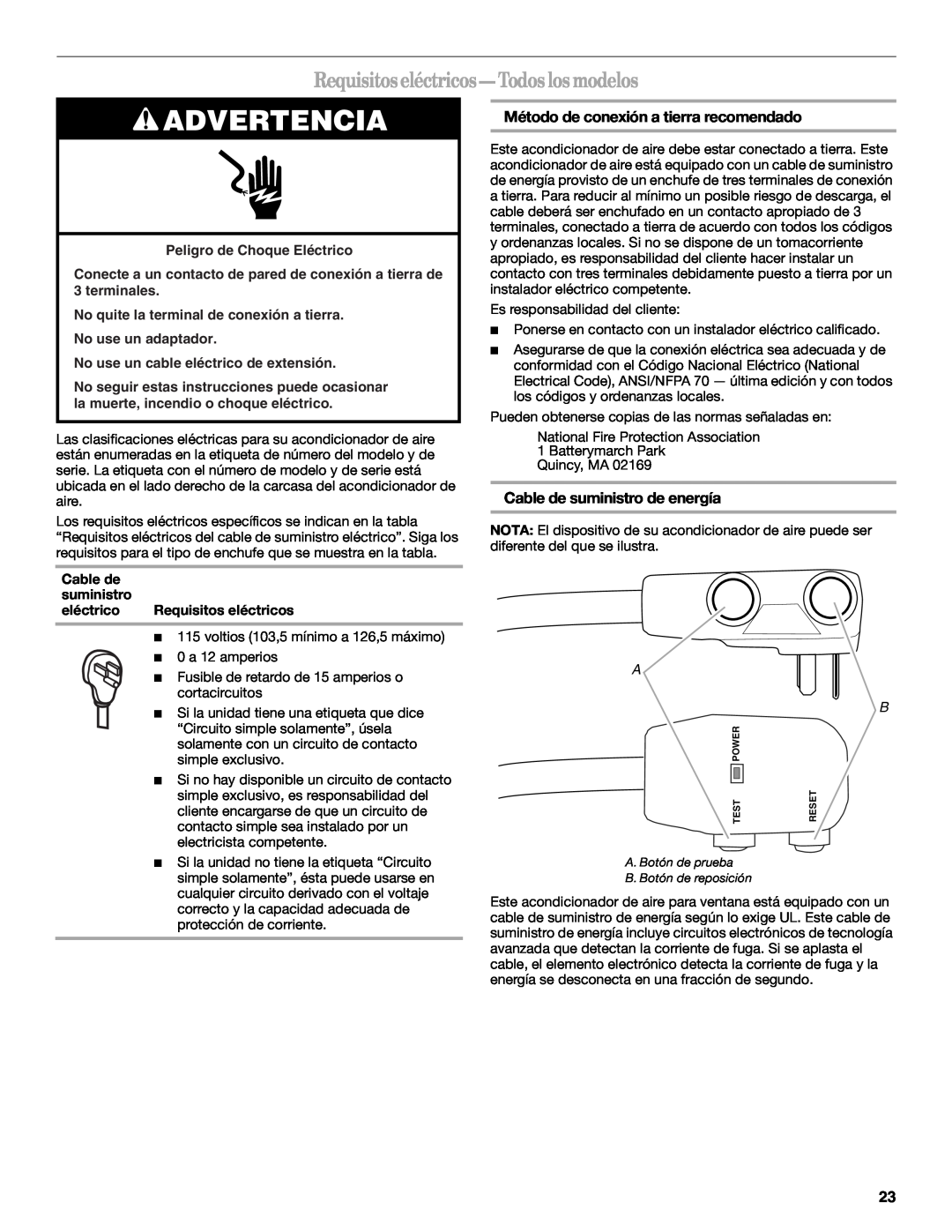 Whirlpool 66161279 manual Advertencia, Requisitos eléctricos - Todos los modelos, Método de conexión a tierra recomendado 