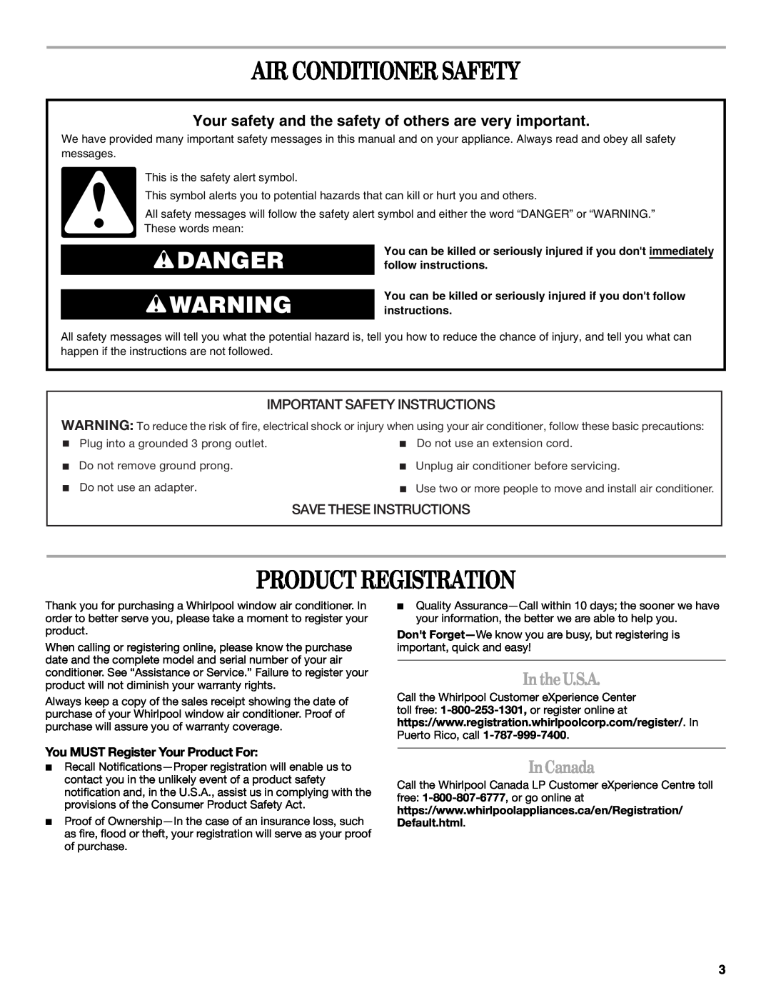 Whirlpool 66161279 Air Conditioner Safety, Product Registration, Danger, Inthe U.S.A, InCanada, Save These Instructions 