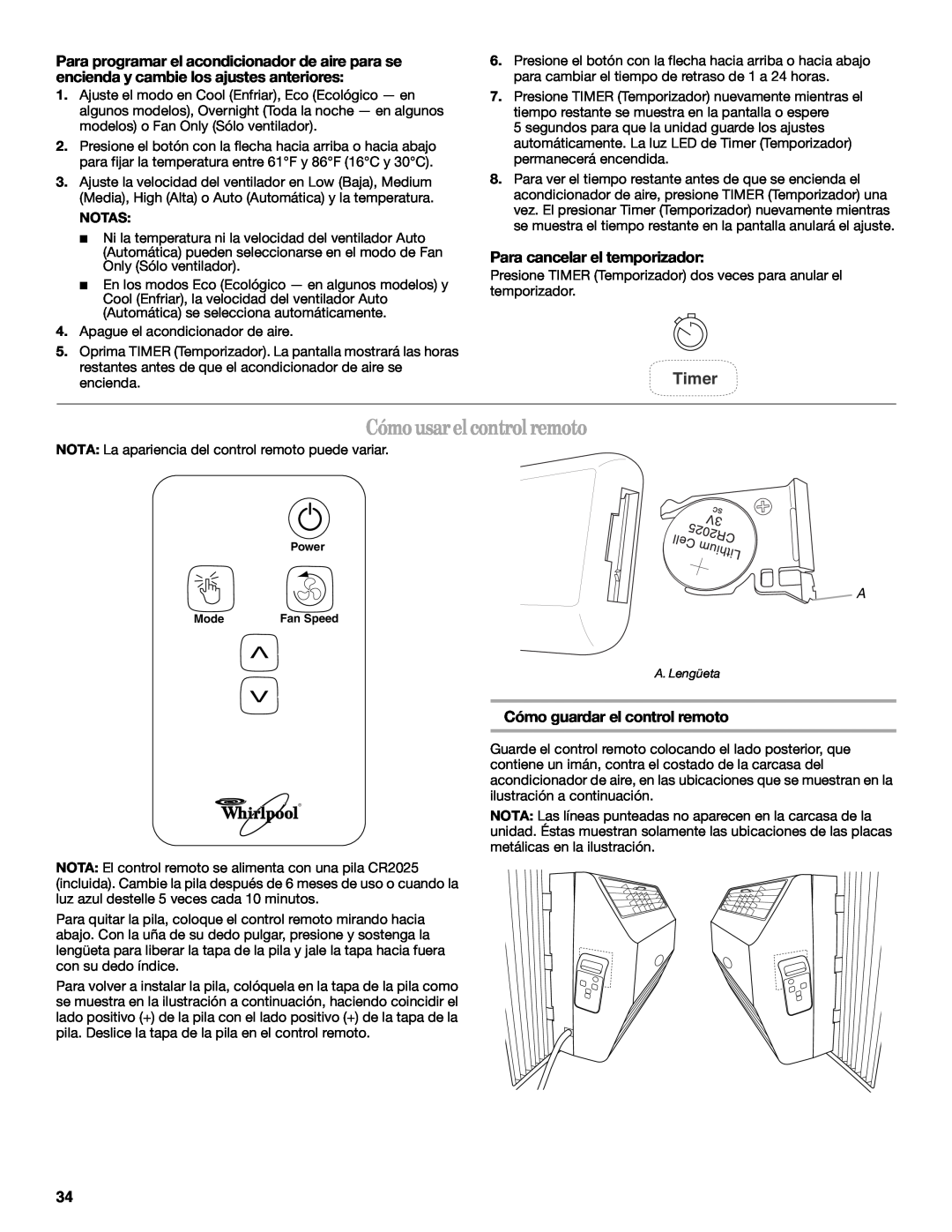 Whirlpool 66161279 manual Cómo usar el control remoto, Para cancelar el temporizador, Cómo guardar el control remoto, Timer 