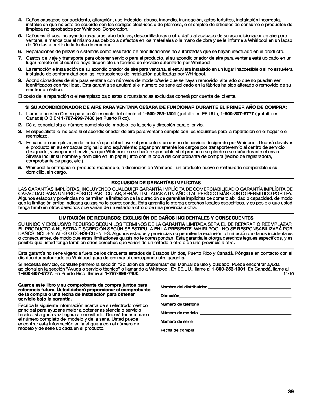 Whirlpool 66161279 manual Exclusión De Garantías Implícitas 