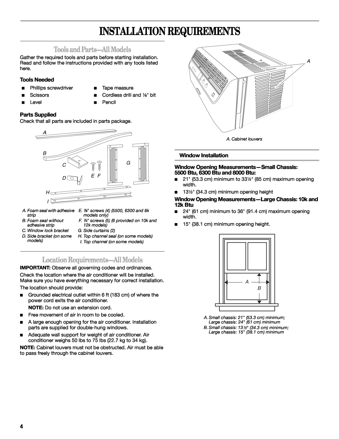 Whirlpool 66161279 Installation Requirements, Tools and Parts-AllModels, Location Requirements-AllModels, Tools Needed 