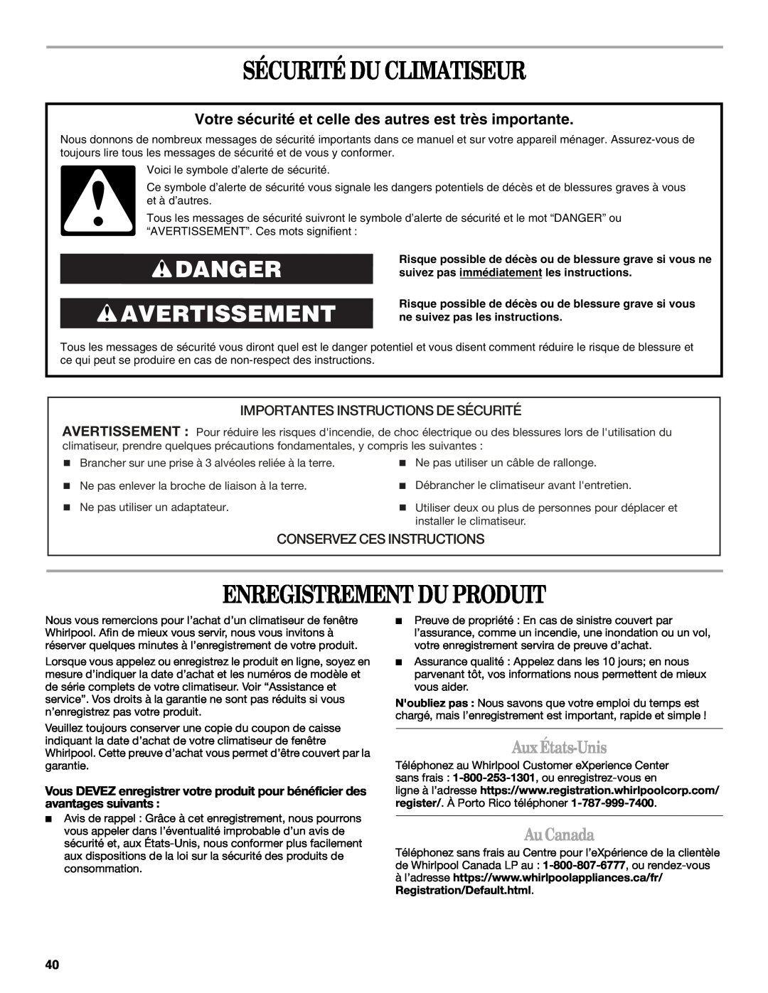Whirlpool 66161279 Sécurité Du Climatiseur, Enregistrement Du Produit, Danger Avertissement, Aux États-Unis, Au Canada 