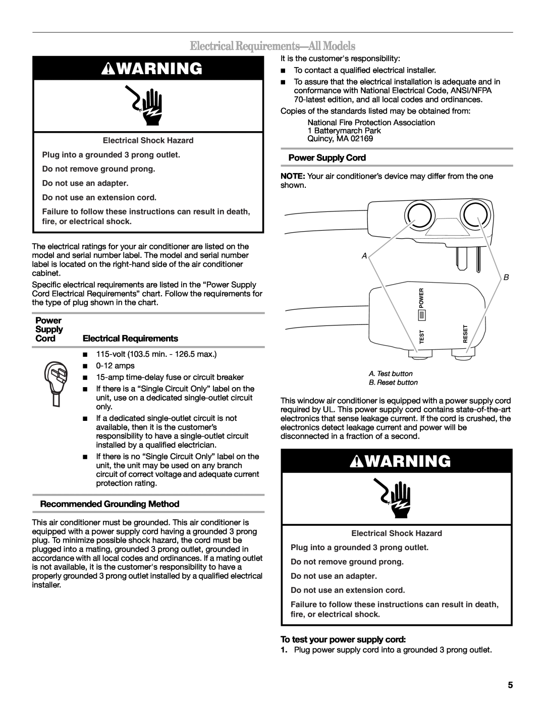 Whirlpool 66161279 manual Electrical Requirements-AllModels, Power Supply Cord, Recommended Grounding Method 
