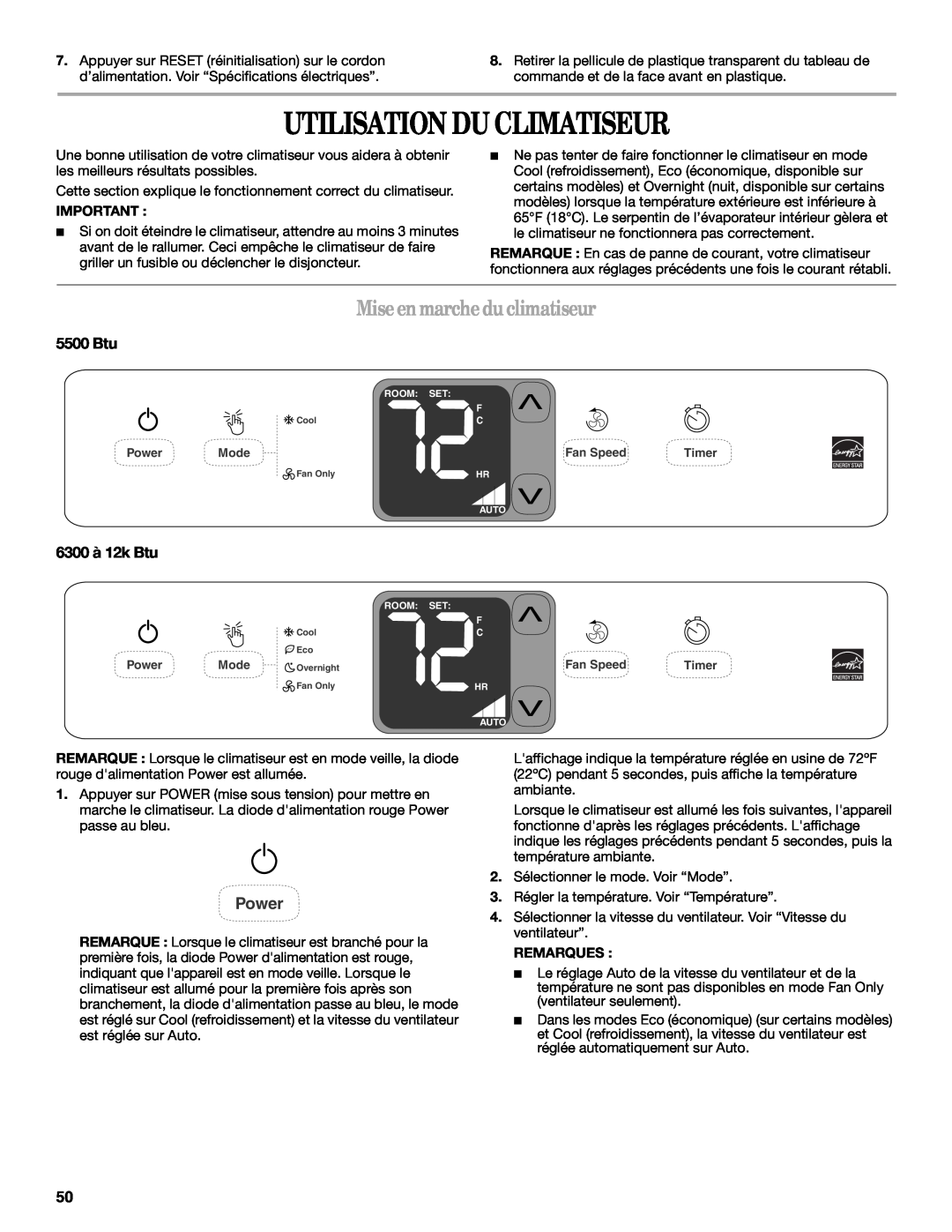 Whirlpool 66161279 manual Utilisation Du Climatiseur, Mise en marche du climatiseur, 6300 à 12k Btu, Power, 5500 Btu 