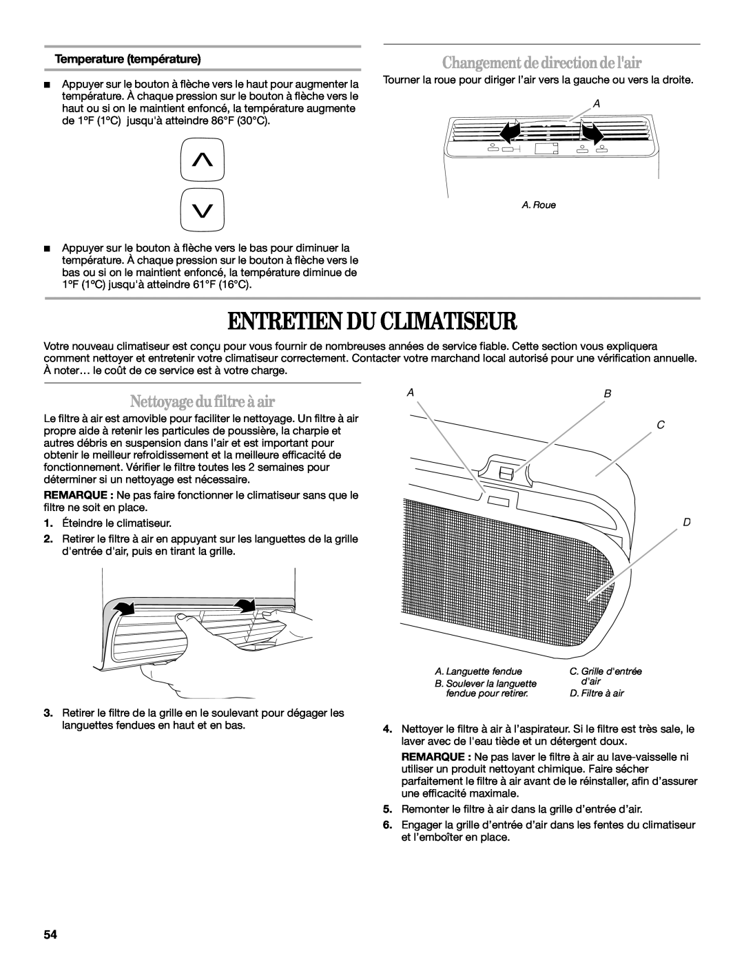 Whirlpool 66161279 manual Entretien Du Climatiseur, Changement de directionde lair, Nettoyage du filtre à air 
