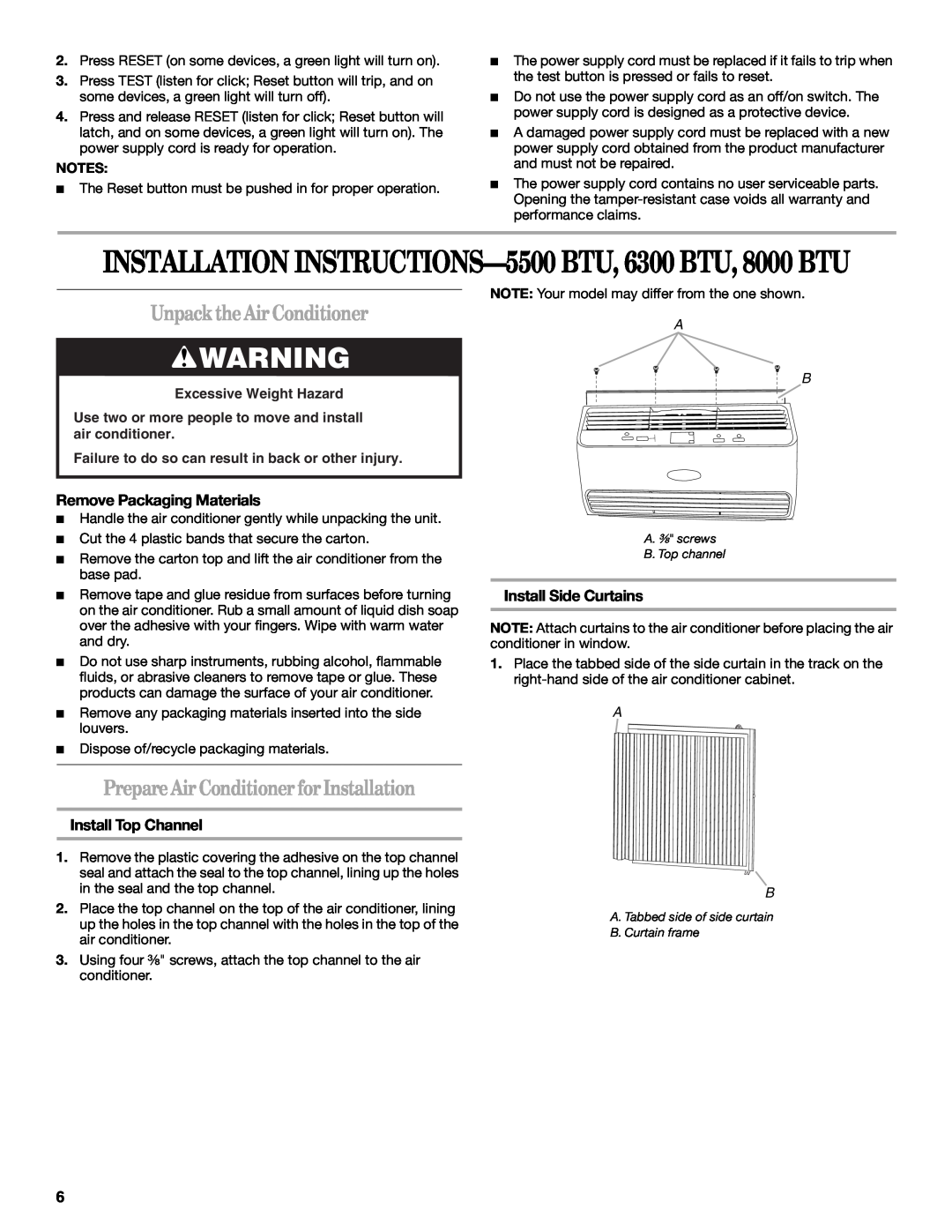 Whirlpool 66161279 manual Unpack the Air Conditioner, Prepare Air Conditioner for Installation, Remove Packaging Materials 