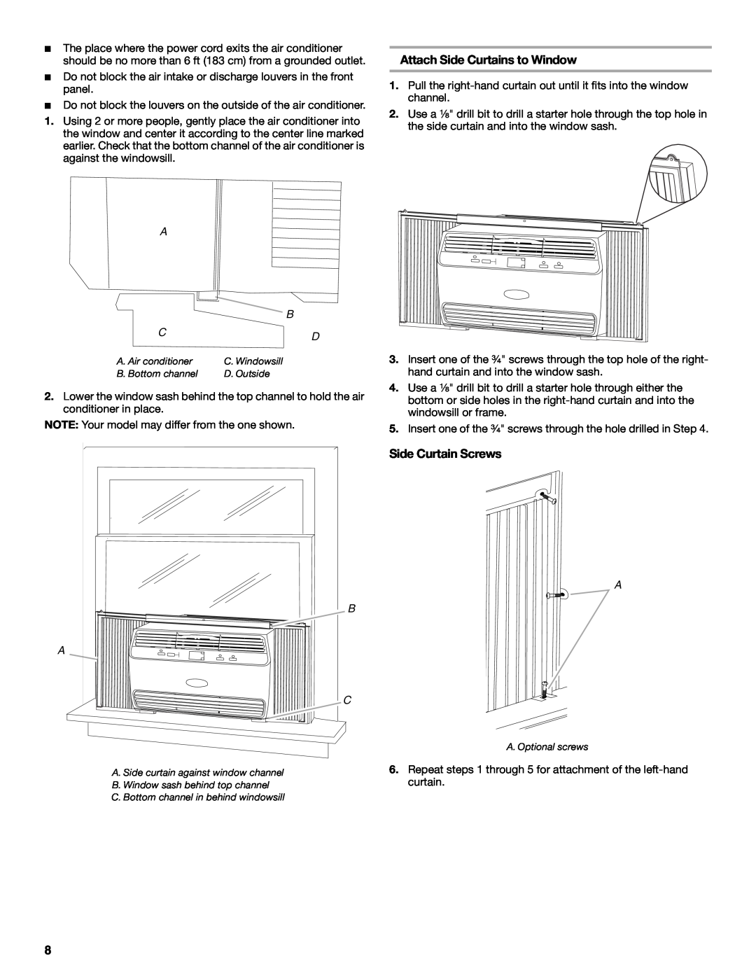 Whirlpool 66161279 manual Attach Side Curtains to Window, Side Curtain Screws, curtain 
