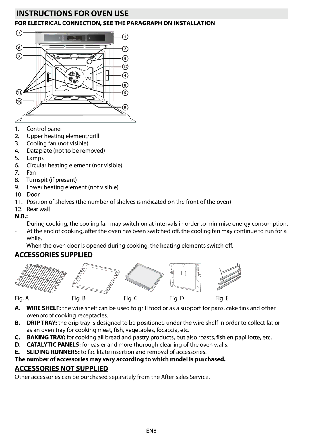 Whirlpool 663 manual do utilizador Instructions for Oven USE, Accessories Supplied, Accessories not Supplied 