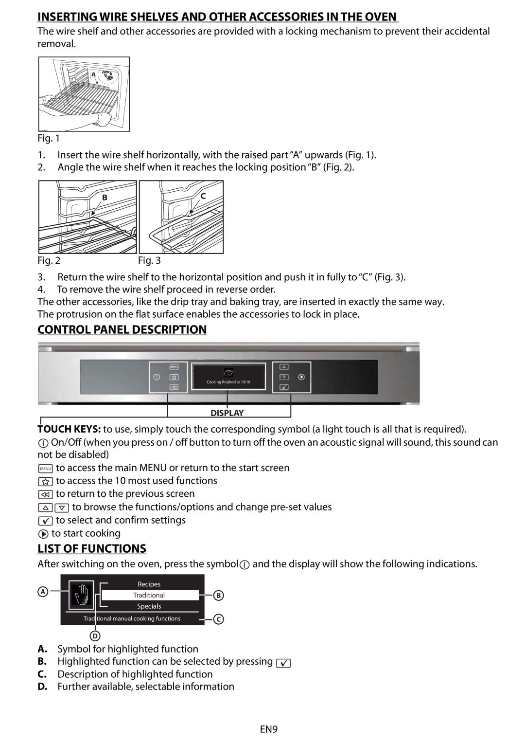 Whirlpool 663 Inserting Wire Shelves and Other Accessories in the Oven, Control Panel Description, List of Functions 