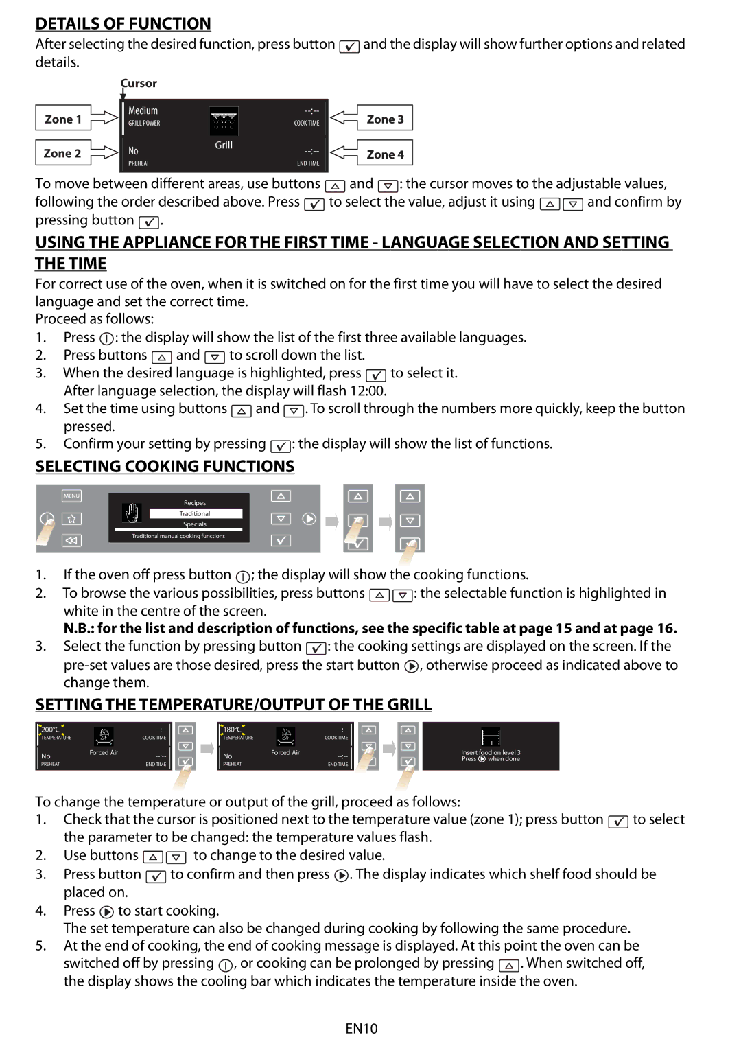 Whirlpool 663 Details of Function, Selecting Cooking Functions, Setting the TEMPERATURE/OUTPUT of the Grill 