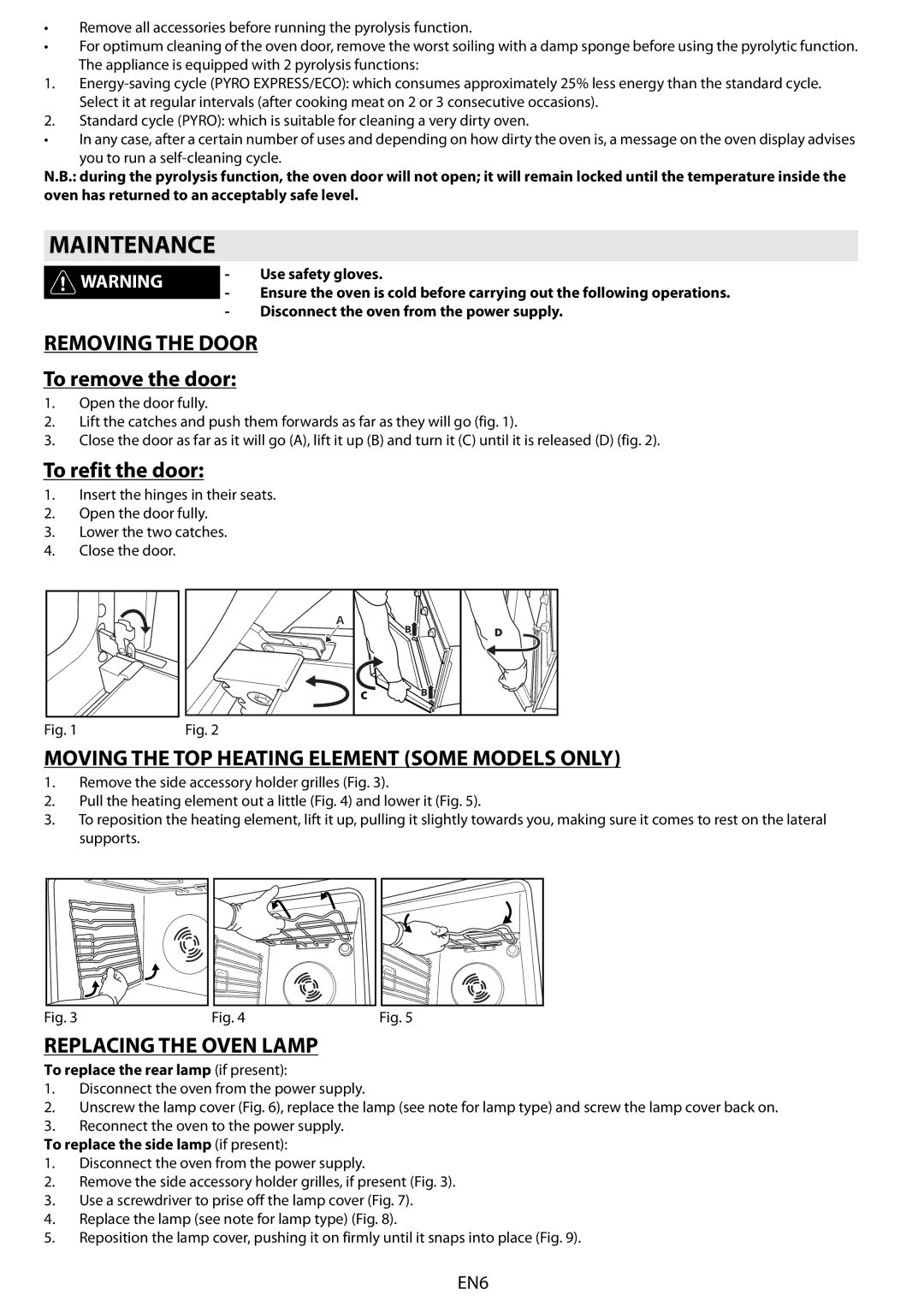 Whirlpool 663 Maintenance, Removing the Door, Moving the TOP Heating Element Some Models only, Replacing the Oven Lamp 