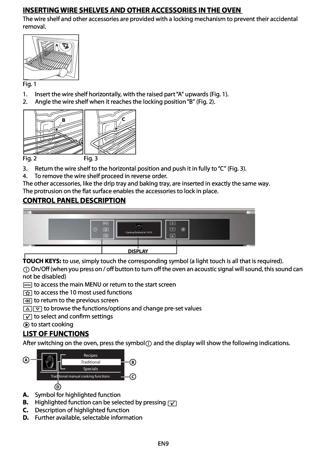 Whirlpool 663 Inserting Wire Shelves And Other Accessories In The Oven, Control Panel Description, List Of Functions 
