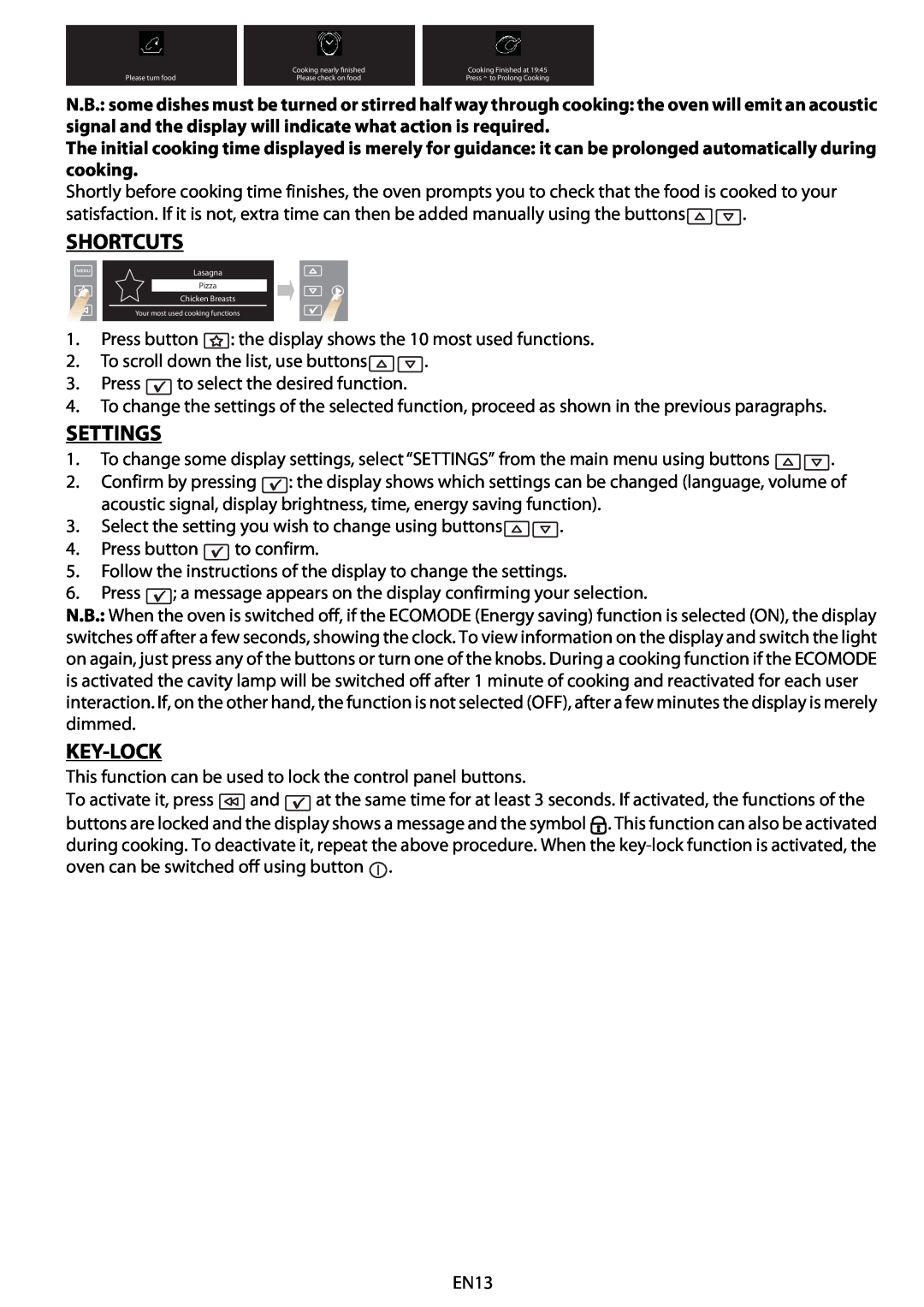 Whirlpool 663 manual do utilizador Shortcuts, Settings, Key-Lock 