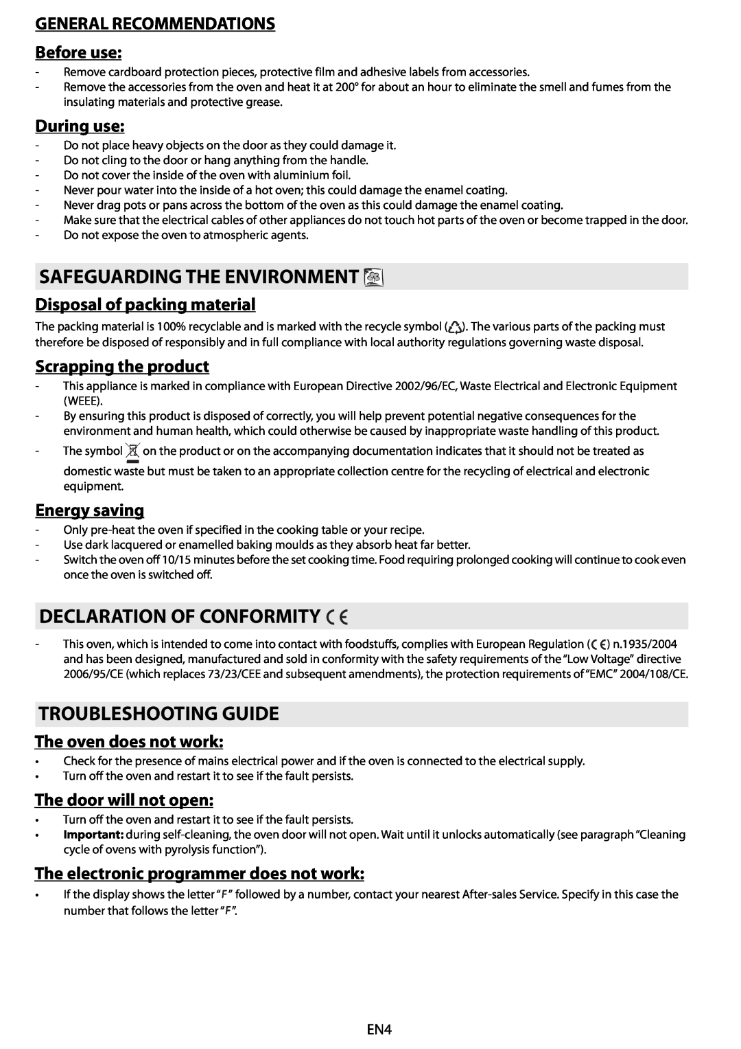 Whirlpool 663 Safeguarding The Environment, Declaration Of Conformity, Troubleshooting Guide, During use, Energy saving 