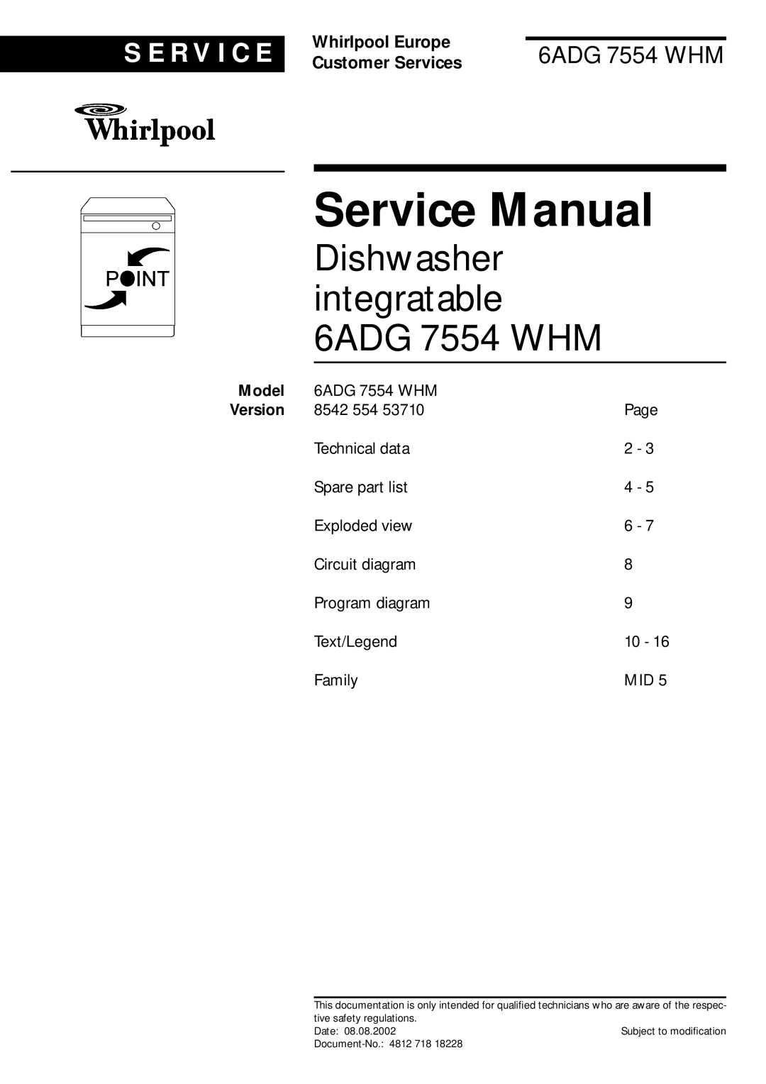 Whirlpool service manual Model, Dishwasher integratable 6ADG 7554 WHM, S E R V I C E, Whirlpool Europe 