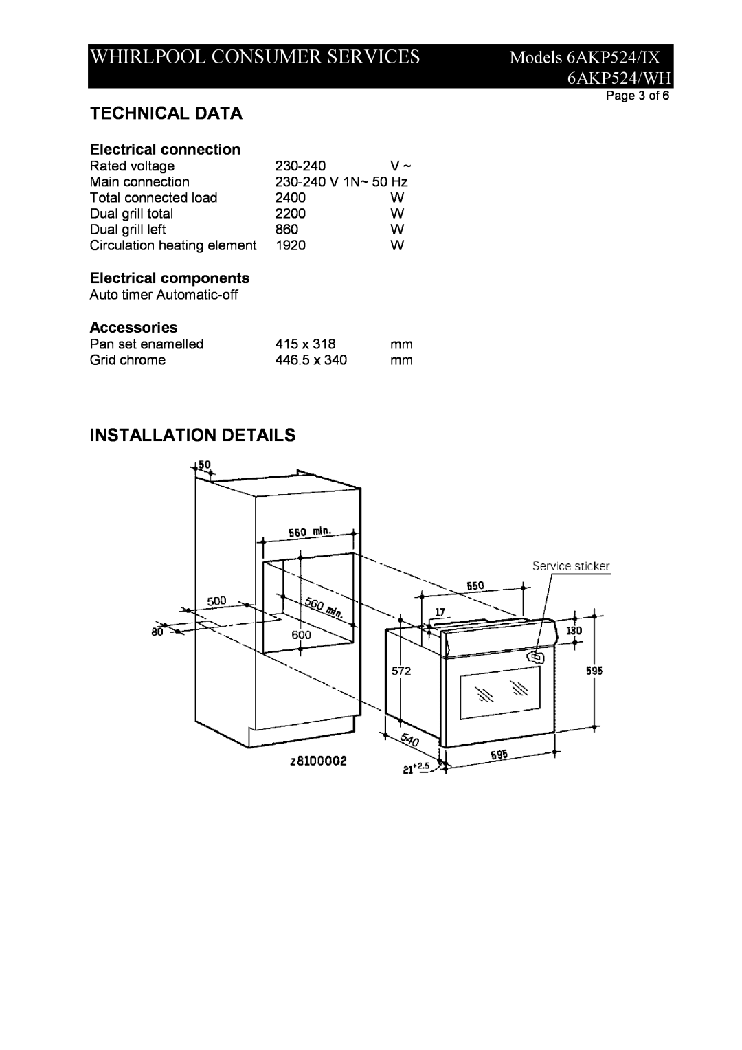 Whirlpool Technical Data, Installation Details, Whirlpool Consumer Services, Models 6AKP524/IX, 6AKP524/WH, Accessories 