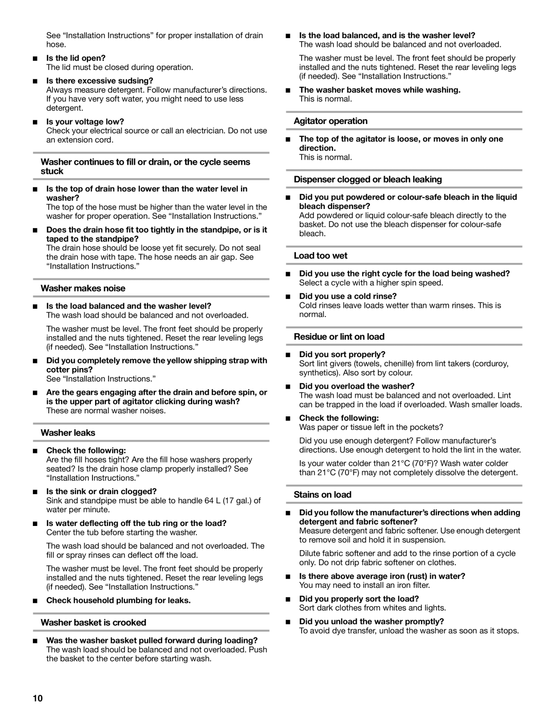 Whirlpool 6ALSS5233JQ0 manual Washer continues to fill or drain, or the cycle seems stuck, Washer makes noise, Washer leaks 