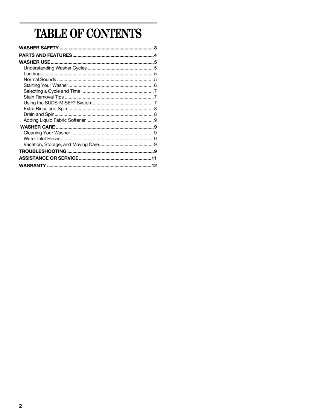 Whirlpool 6ALSS5233JQ0 manual Table of Contents 