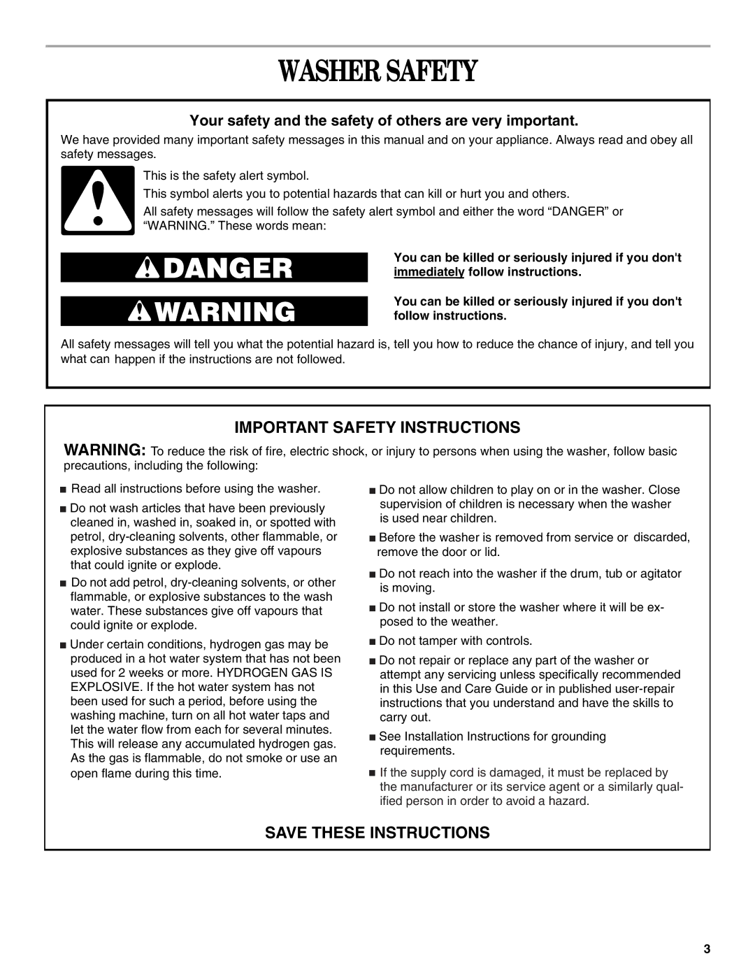 Whirlpool 6ALSS5233JQ0 manual Washer Safety, Your safety and the safety of others are very important 