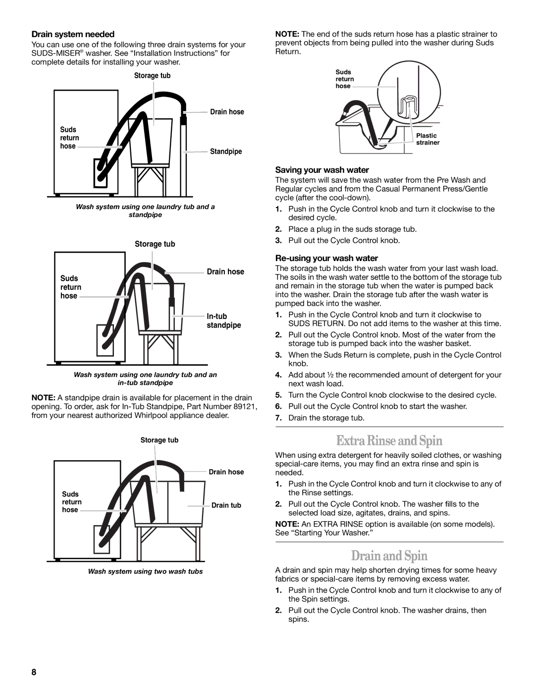 Whirlpool 6ALSS5233JQ0 manual Extra Rinse and Spin, Drain and Spin, Drain system needed, Saving your wash water 