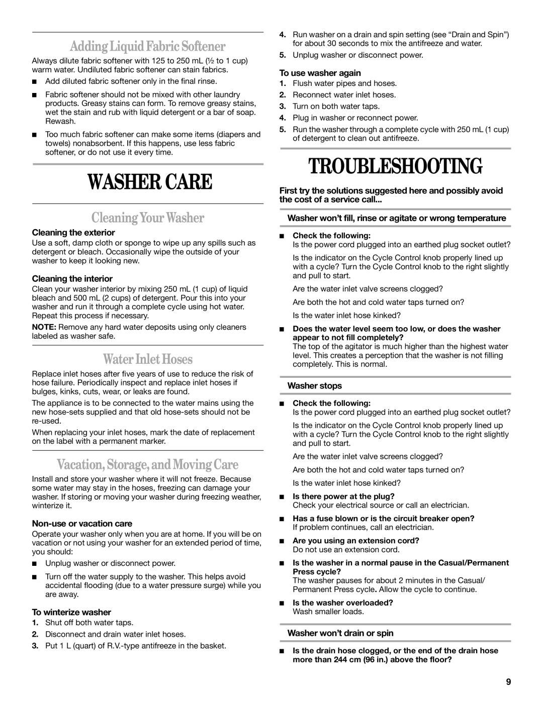 Whirlpool 6ALSS5233JQ0 manual Washer Care, Troubleshooting 