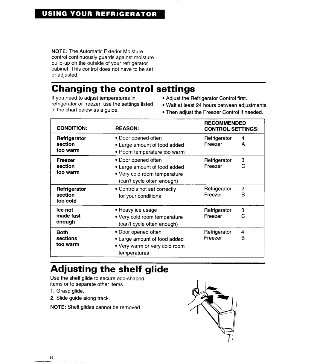 Whirlpool 6ED20PK Changing the control, Settings, Adjusting the shelf glide, Recommended, Condition Control 