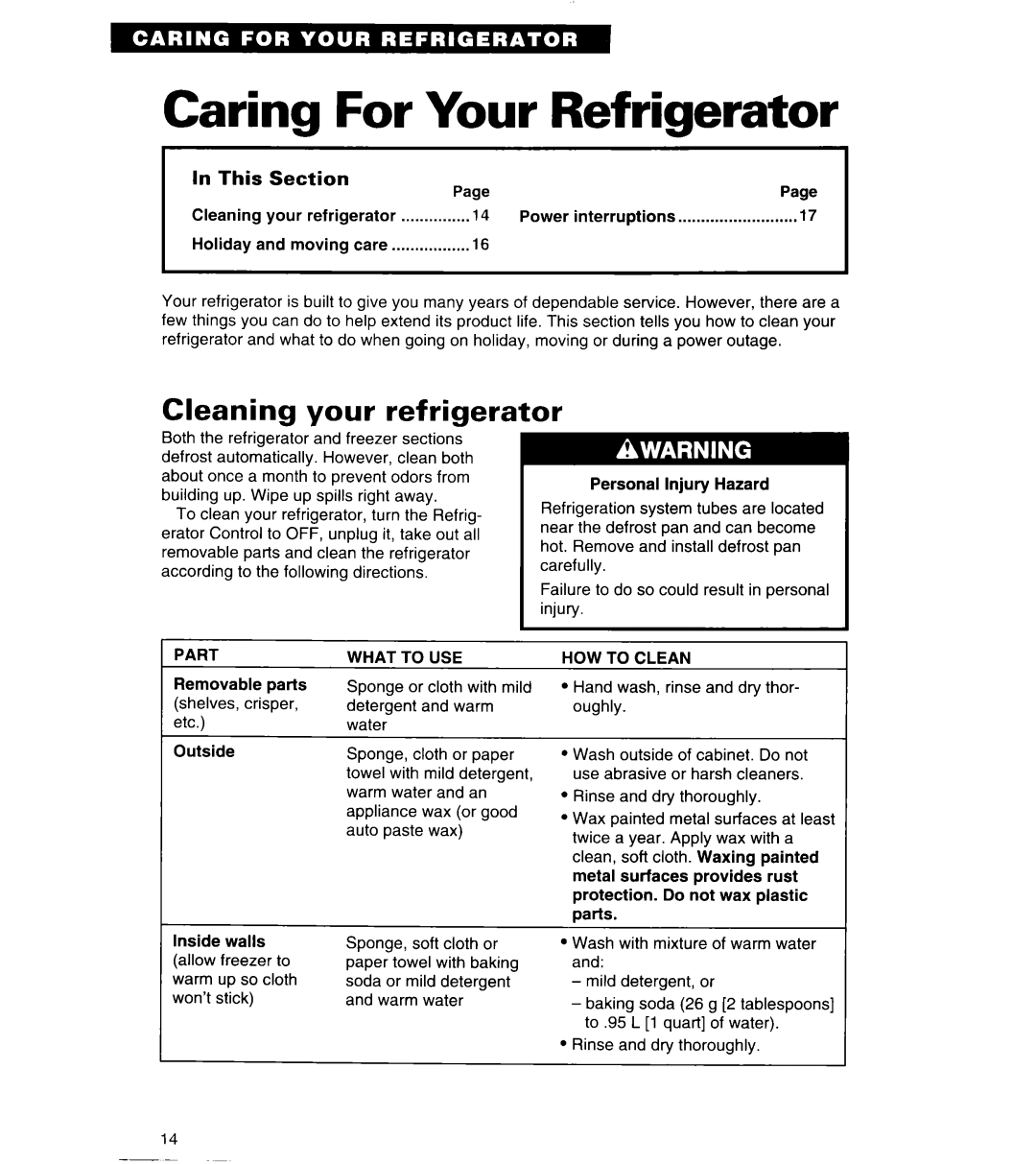 Whirlpool 6ED20PK important safety instructions Caring For Your Refrigerator, Cleaning your refrigerator, In This Section 