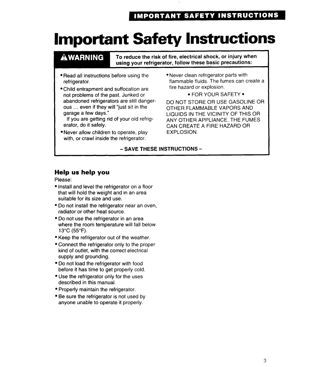 Whirlpool 6ED20PK important safety instructions Important Safety Instructions, Help us help you 