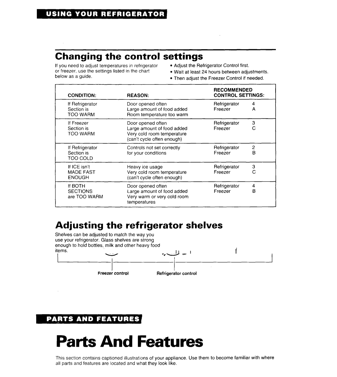 Whirlpool 6ED22DQ, 6ED27DQ, 6ED25DQ, 3ED27DQ warranty Changing the control, Settings, Adjusting the refrigerator shelves 