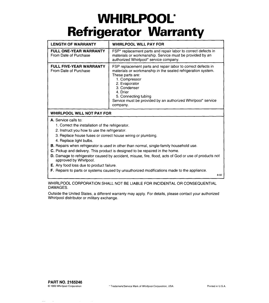 Whirlpool 6ED22DQ, 6ED27DQ, 6ED25DQ, 3ED27DQ warranty WHIRLPOOL” Refrigerator Warranty 
