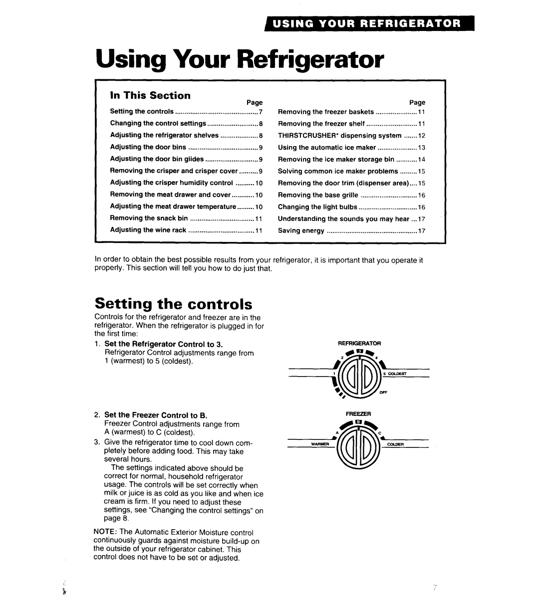 Whirlpool 3ED27DQ, 6ED22DQ, 6ED27DQ, 6ED25DQ warranty Using Your Refrigerator, Setting the controls, In This, Section 