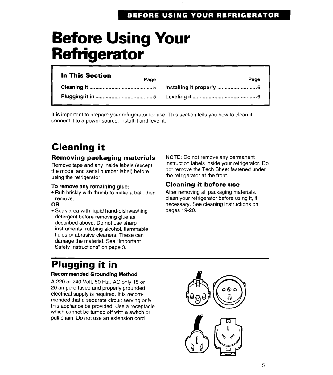 Whirlpool 6ED22ZR important safety instructions Before Using Your Refrigerator, Cleaning it, Plugging it 