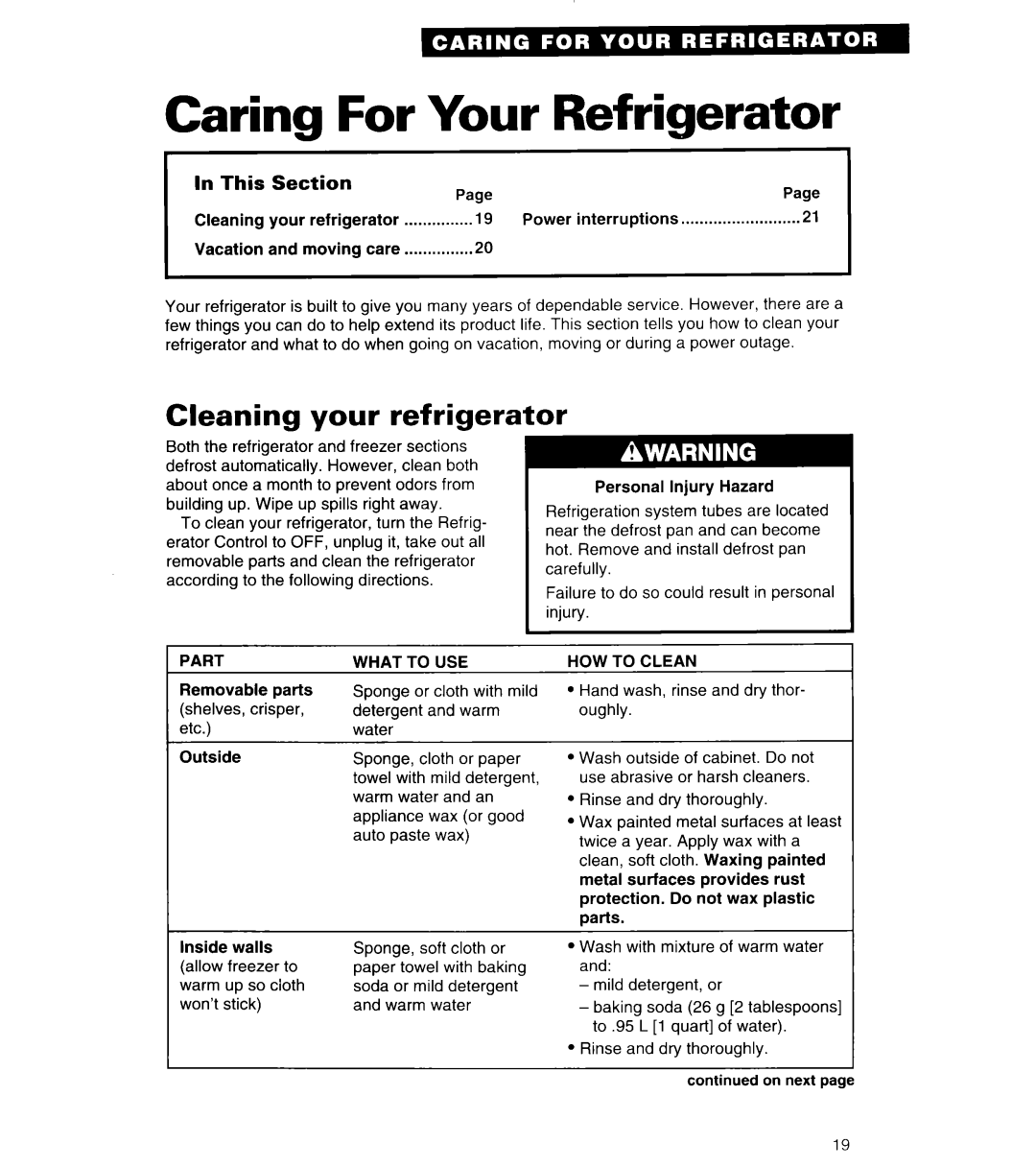 Whirlpool 6ED22ZR important safety instructions Caring For Your Refrigerator, Cleaning your refrigerator, In This, Section 