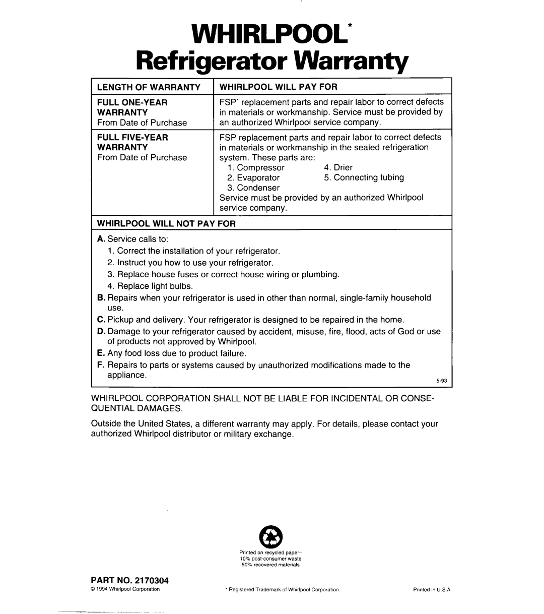 Whirlpool 6ED22ZR important safety instructions WHIRLPOOL Refrigerator Warranty 