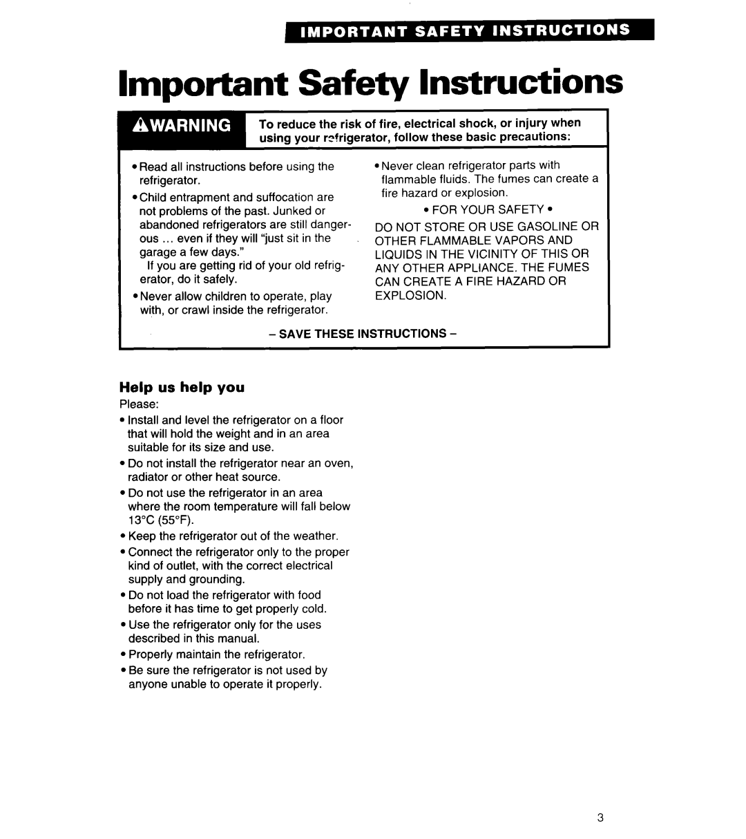 Whirlpool 6ED22ZR important safety instructions Important Safety Instructions, Help us help you 