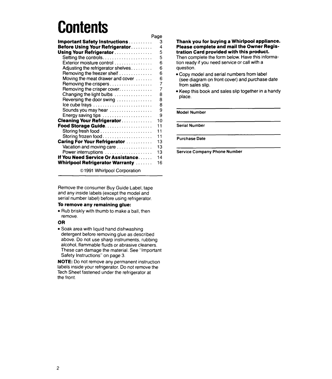 Whirlpool 6ET18GK manual Contents 