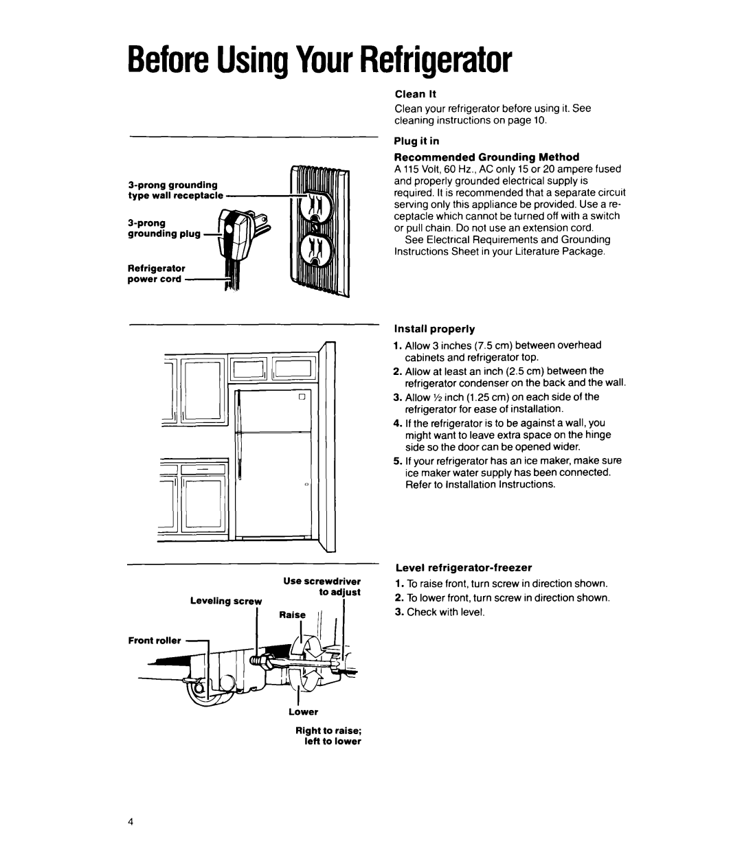 Whirlpool 6ET18GK manual BeforeUsingYourRefrigerator, Front Turn Screw Direction, Check with level 