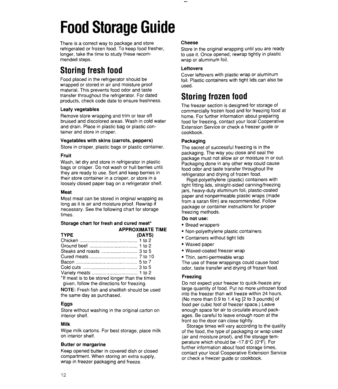 Whirlpool 6ET18RK, 3ET18RK, 3ET18DK manual FoodStorageGuide, Storing fresh food, Storing frozen food 