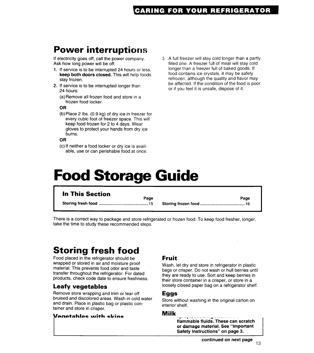 Whirlpool 6ET18ZK important safety instructions Guide, Power interruptiards, Storing fresh food 